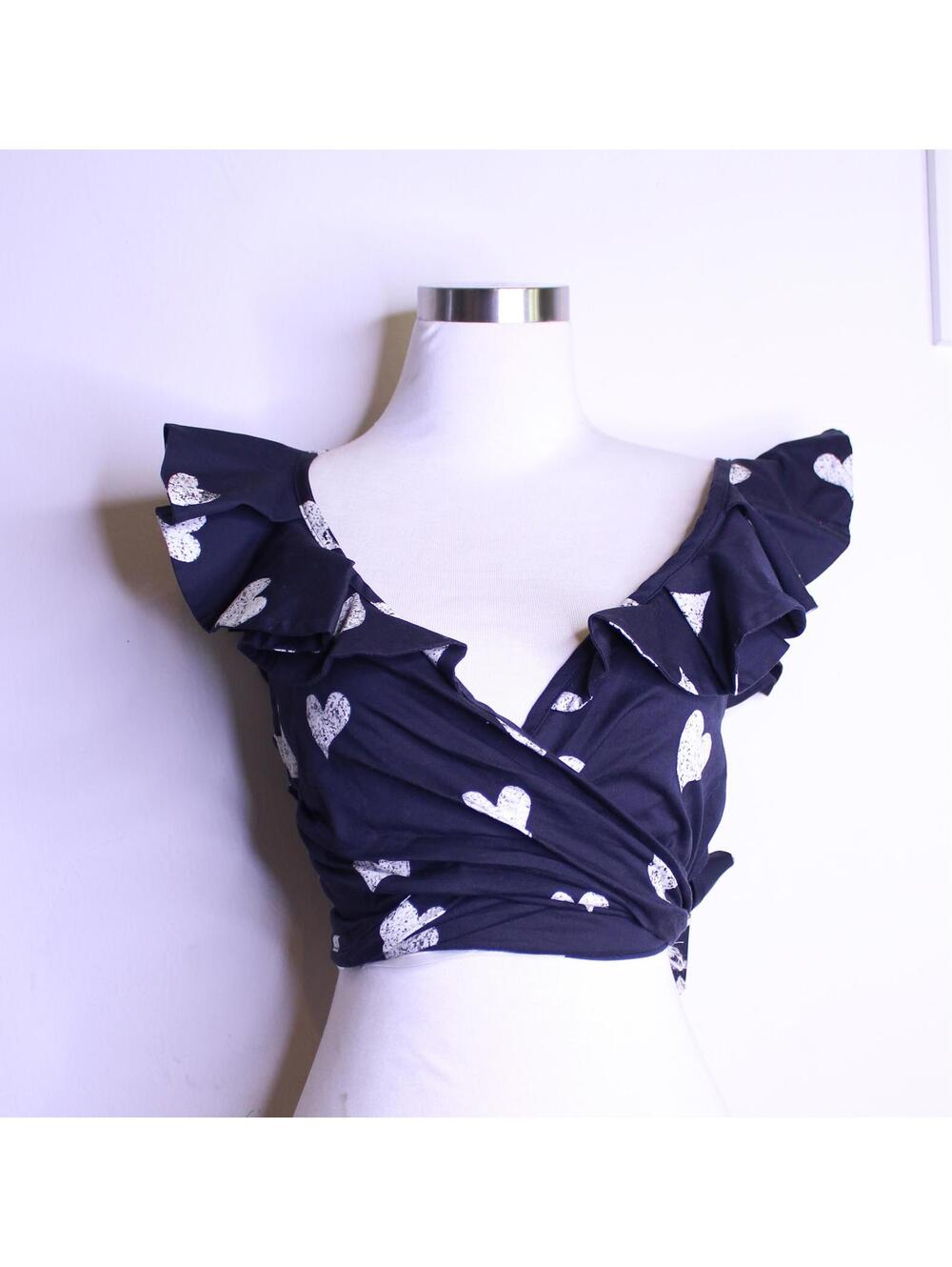 NWT Autumn Adeigbo Black White Hearts Flutter Wrap Crop Top - 2